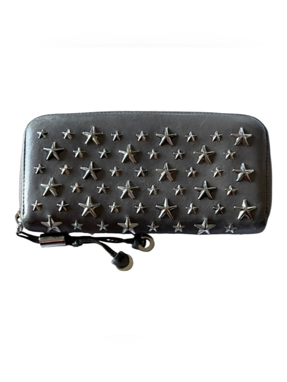 Jimmy Choo Filipa Metallic Silver/Grey Star-Studded Zip Wallet W/ Dusty & COA - Picture 2 of 12